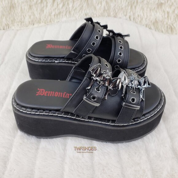 Emily 2" Platform Bat Buckle Slip On Goth Sandals Shoes 100 Restocked - Picture 2 of 9